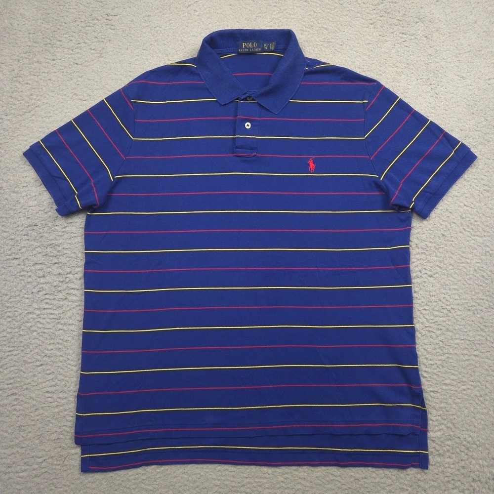 Polo Ralph Lauren Polo Shirt Men XL Blue Red Yellow Striped Cotton Pony